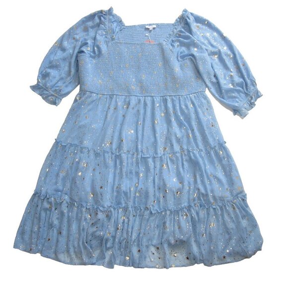 NWT Ivy City Co Starry Nights Midi Baby Blue Gold Smocked Puff Sleeve Dress 5X - Picture 2 of 5